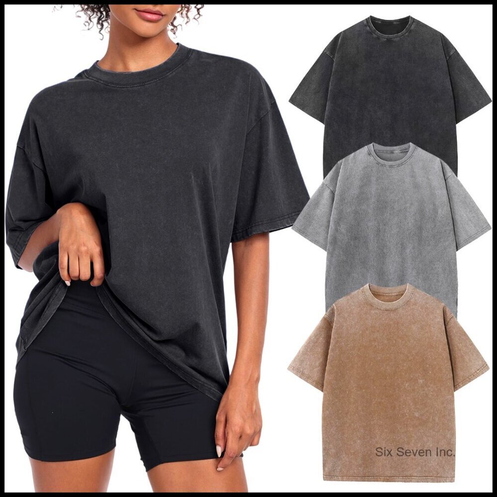 Oversized Vintage Acid Washed Cotton Tee Boyfriend Fit Gym Casual Top